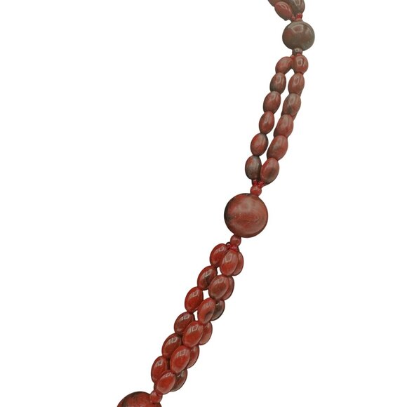 Handcrafted Red Beaded Necklace With Circular Copper Pendant & Adjustable Chain - Picture 3 of 4